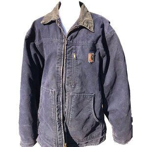Vtg Carhartt Canvas Denim Work Coat Jacket Sherpa Blanket Lined Blue L XL HTF